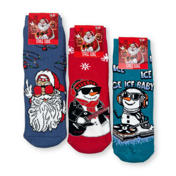 Набір дитячих новорічних махрових шкарпеток 3 пари (санта + сніговики) Style Luxe 18-20