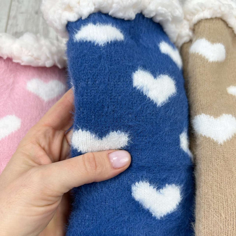 Пухнасті жіночі домашні шкарпетки валянки на хутрі з сердечками та силіконом на підошві Золото 35-38, Синій