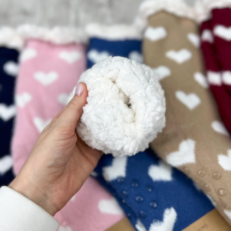 Пухнасті жіночі домашні шкарпетки валянки на хутрі з сердечками та силіконом на підошві Золото 35-38, Синій