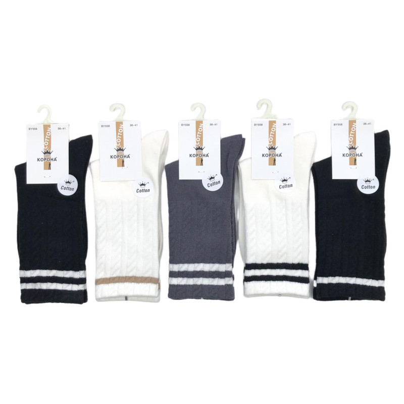 Високі жіночі бавовняні шкарпетки зі смужками на манжеті Корона Чорний