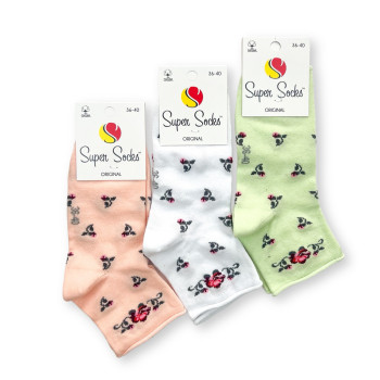 Жіночі шкарпетки без гумки з преміальної бавовни квіточки комплект з 3-х пар