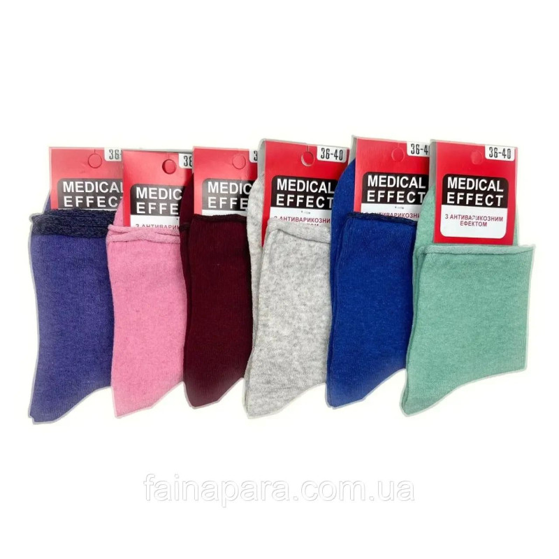 Жіночі медичні бавовняні шкарпетки без гумки середні Medical Effect, 90% бавовна, розмір 39–42, упаковка 12 пар, Україна
