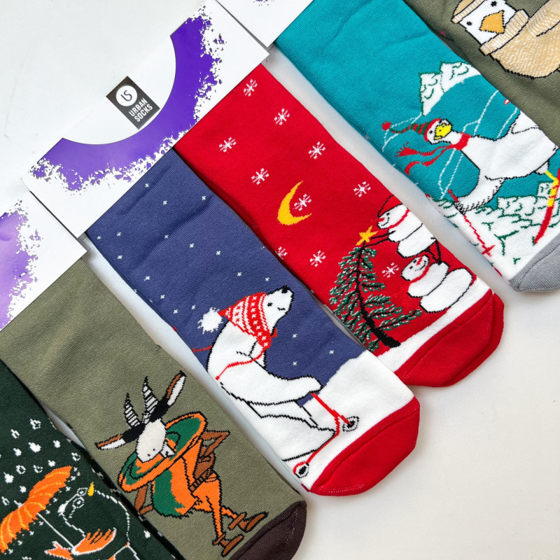 Жіночі махрові шкарпетки з зимовим малюнком (комплект 2 пари) Ведмідь+Сніговик