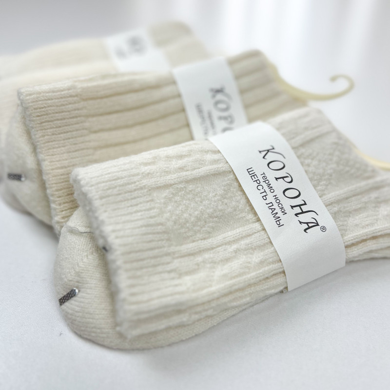 Жіночі теплі шкарпетки з вовни лами високі молочні Корона, 85% вовна лами, розмір 35–40, Китай