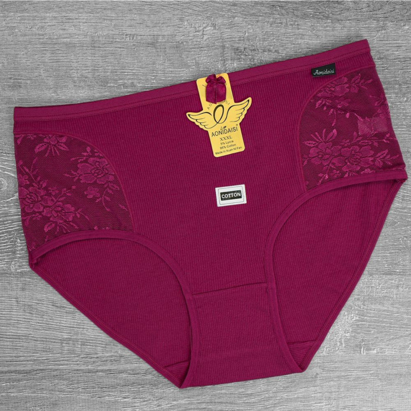 Жіночі бавовняні труси сліп в рубчик з мереживною вставкою Aonidaisi (великі розміри) XL, Сірий