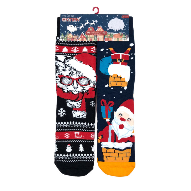 Новорічні жіночі махрові шкарпетки Ekmen (комплект 2 пари) Кіт+Санта