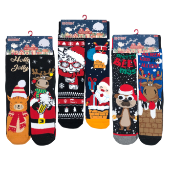 Новорічні жіночі махрові шкарпетки Ekmen (комплект 2 пари) Кіт+Санта