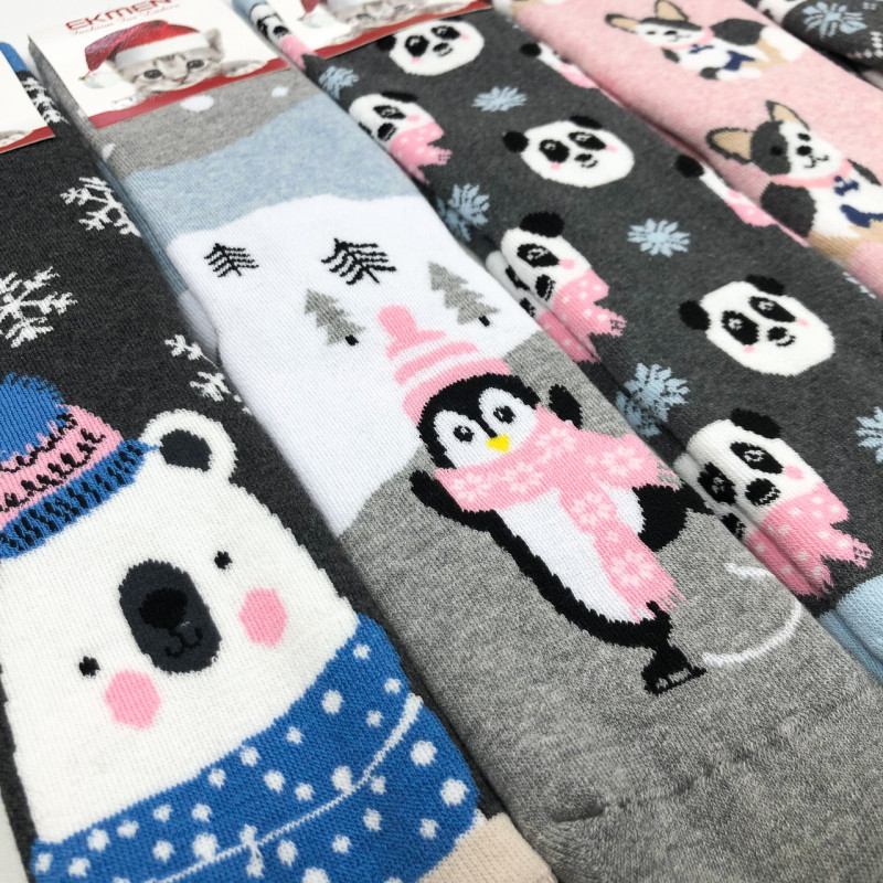 Новорічні жіночі махрові шкарпетки Ekmen Туреччина Панда в шапці