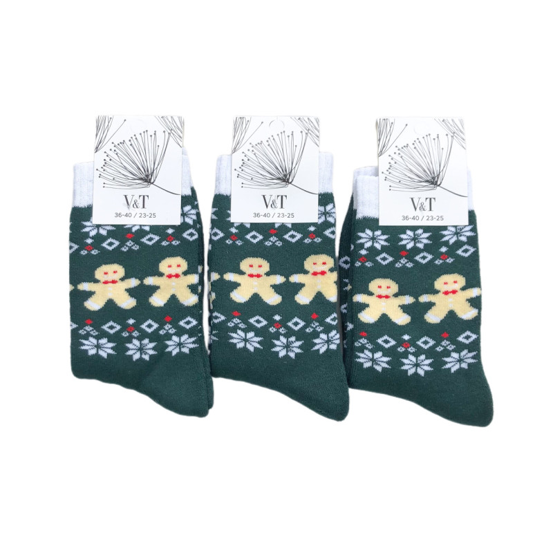 Жіночі новорічні махрові шкарпетки пряники (зелений)